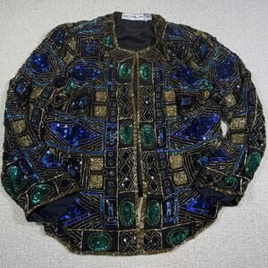 Scala Women 2X Black Gold Sequin Silk Beaded Long Sleeve Hook Eye Evening Jacket